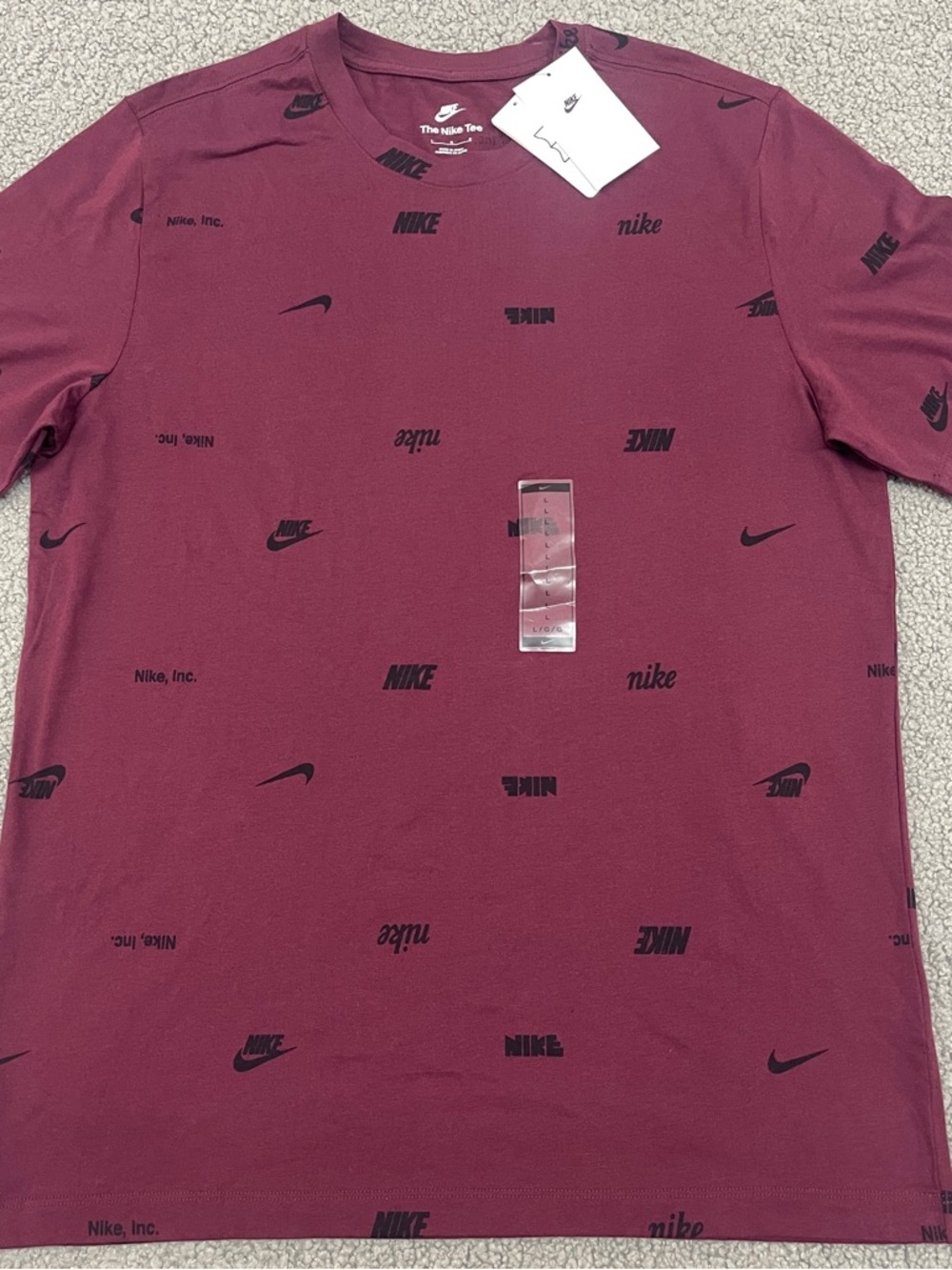 Nike The Nike Tee Mens T-Shirt Large Burgundy All Over Logo Print Crewneck Tee